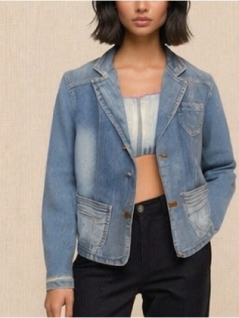 DKNY Jean Denim Crop Jacket Button Up  Pockets Sz. L Faded Cotton vintage